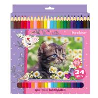 School Карандаши цветные &quot;Милые котята&quot;, шестигранные, 24 цвета