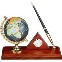 Комус Набор настольный на деревянной подставке (глобус пластиковый, часы, шариковая ручка)