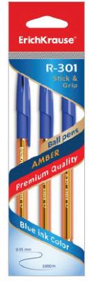 ErichKrause Ручка шариковая "R-301 AMBER 0.7 Stick&Grip", 3 штуки, синие