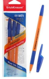 ErichKrause Ручки шариковые "R-301 Orange Stick&Grip", 0,7 мм, синие чернила, 3 штуки