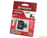 Transcend Карта памяти  MicroSD 8Gb Класс 10 + адаптер SD
