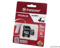 Transcend Карта памяти  MicroSD 4Gb Класс 10 + адаптер SD