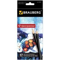 BRAUBERG Карандаши цветные "Artist line", 12 цветов, трехгранные, черный корпус