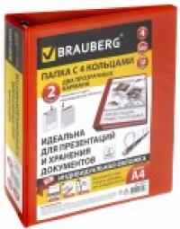 BRAUBERG Папка на 4-х кольцах, красная, 300 листов