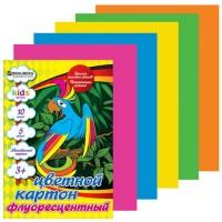 BRAUBERG Цветной картон, флуоресцентный "Brauberg", А4, 10 листов, 5 цветов, 220 г/м2