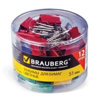 BRAUBERG Набор зажимов для бумаг "Brauberg", 12 штук, 51 мм, на 230 листов, цветные