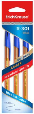 ErichKrause Ручка шариковая "R-301 AMBER 0.7 Stick", 3 штуки, синие