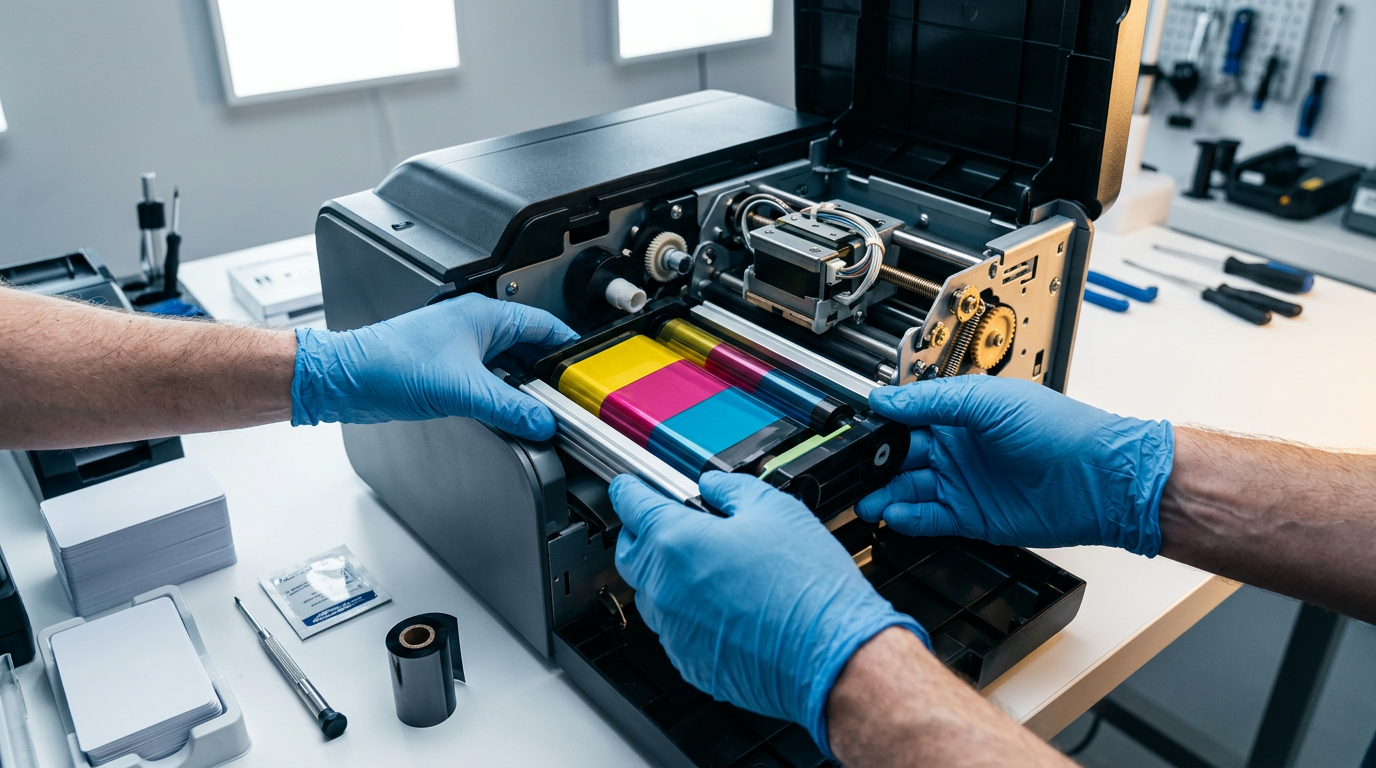 Процесс установки ленты в карточный принтеtrue